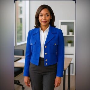 Anne Klein Royal Blue Blazer Jacket Crop Gold Logo Buttons Women's Size XL NWT!